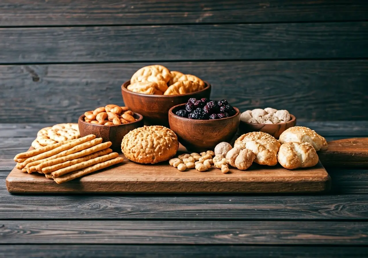 Assorted snacks neatly arranged on a rustic wooden table. 35mm stock photo