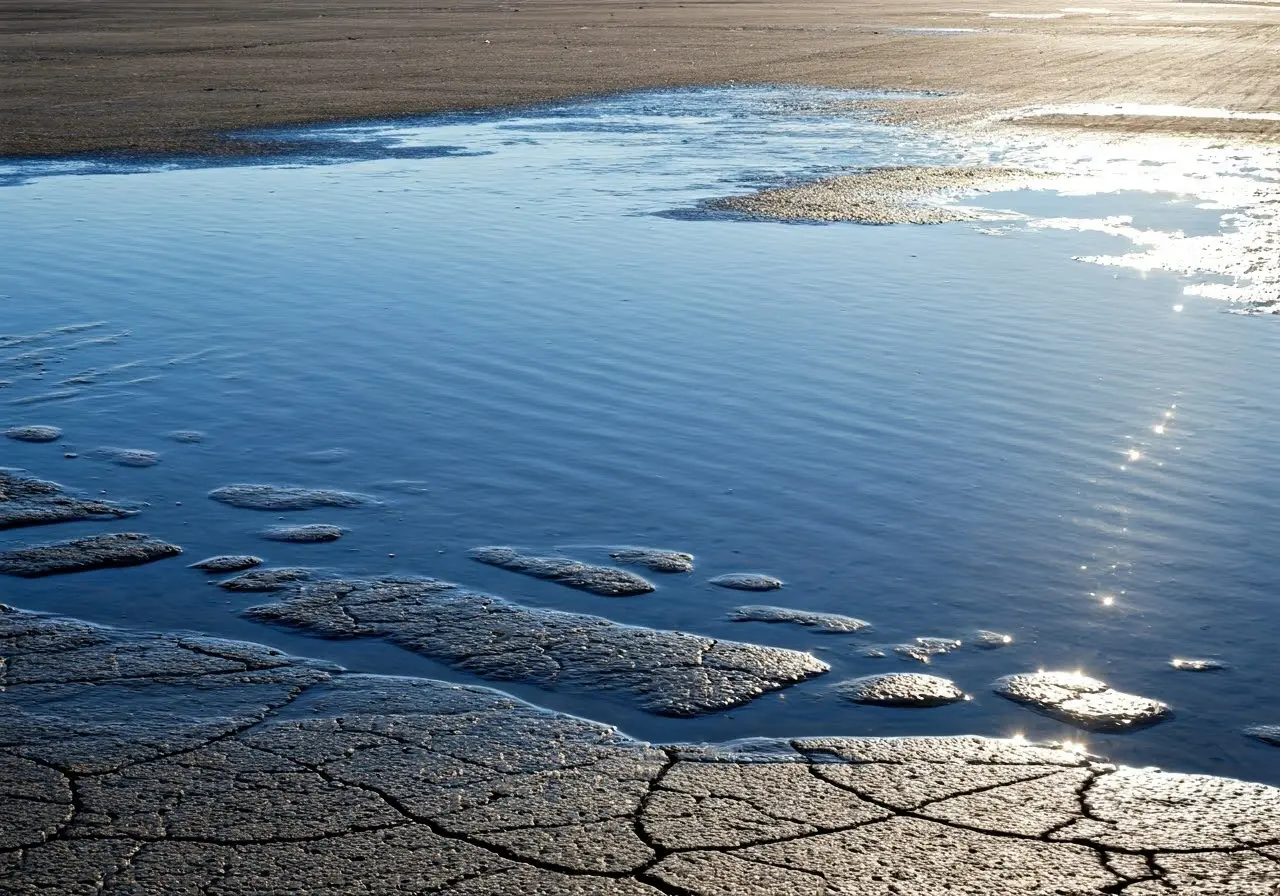 Water pooling on cracked concrete pavement under a clear sky. 35mm stock photo