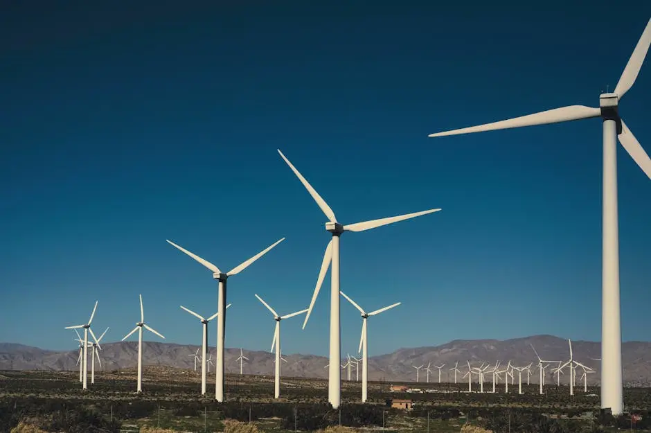 A vast landscape of wind turbines generating clean energy with a backdrop of mountains and a clear blue sky.