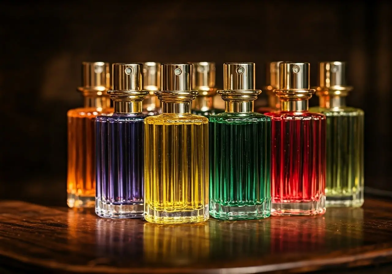 A collection of colorful fragrance oil bottles on display. 35mm stock photo