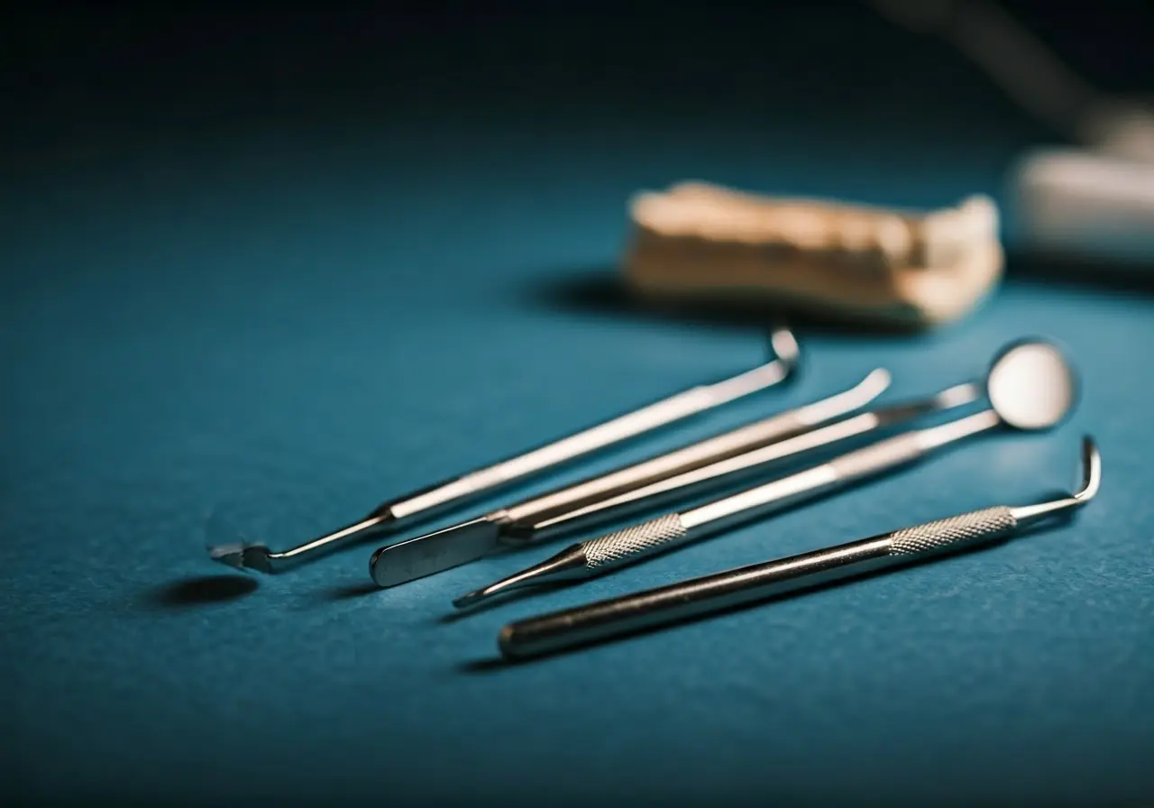 Various dental restoration tools arranged on a clean surface. 35mm stock photo