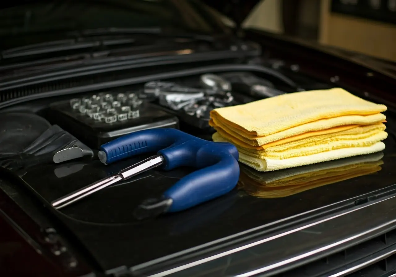 A close-up of essential auto detailing tools and products. 35mm stock photo