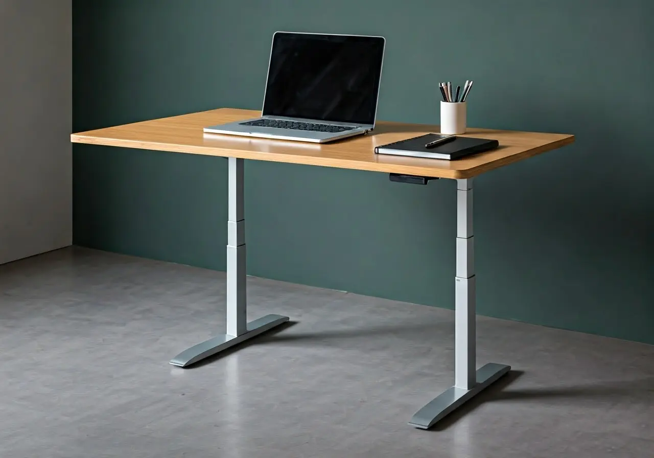 A sleek sit-to-stand desk with a laptop and notebook. 35mm stock photo