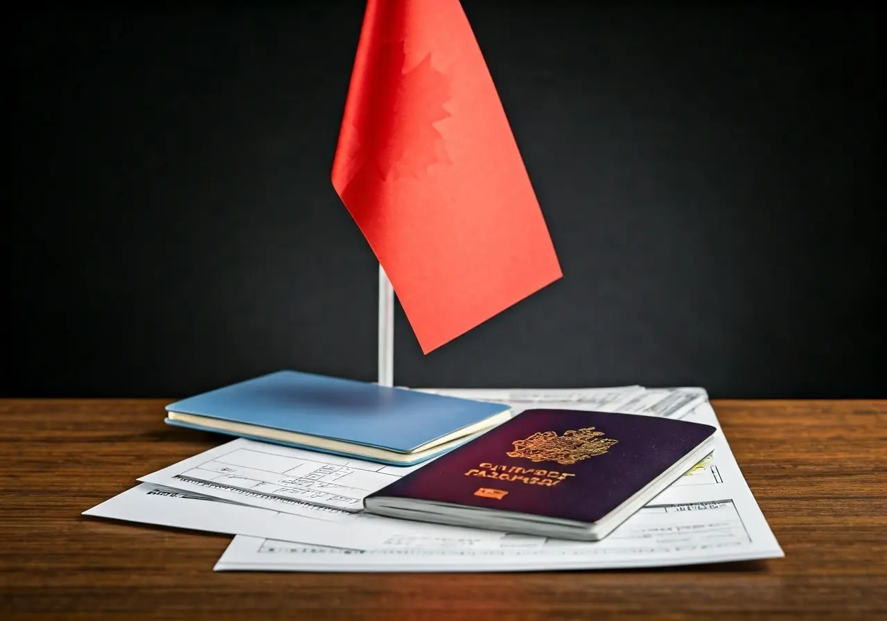 Canadian flag with a passport and travel documents on a desk. 35mm stock photo