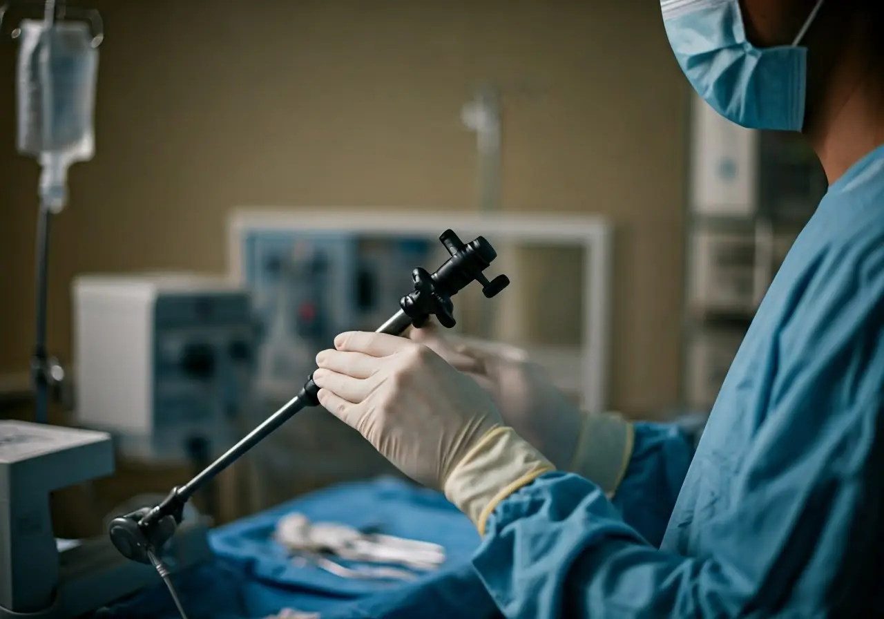 A doctor holding a laparoscopic surgery instrument in a hospital. 35mm stock photo