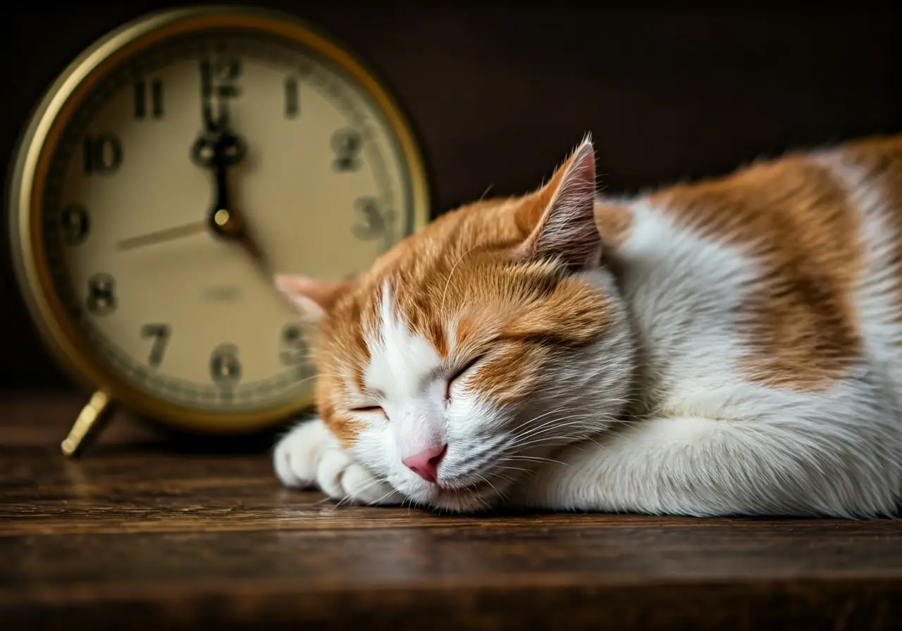 A cozy cat sleeping beside a clock showing midnight. 35mm stock photo