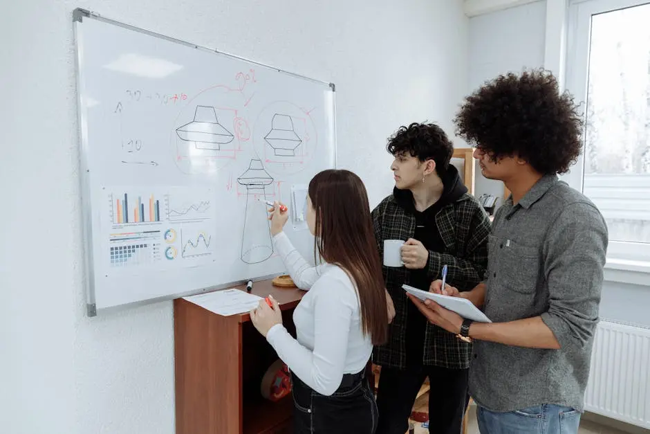 Young professionals brainstorming and designing a product prototype on a whiteboard.