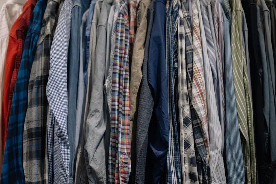 Assorted patterned shirts neatly arranged on a clothes rack.