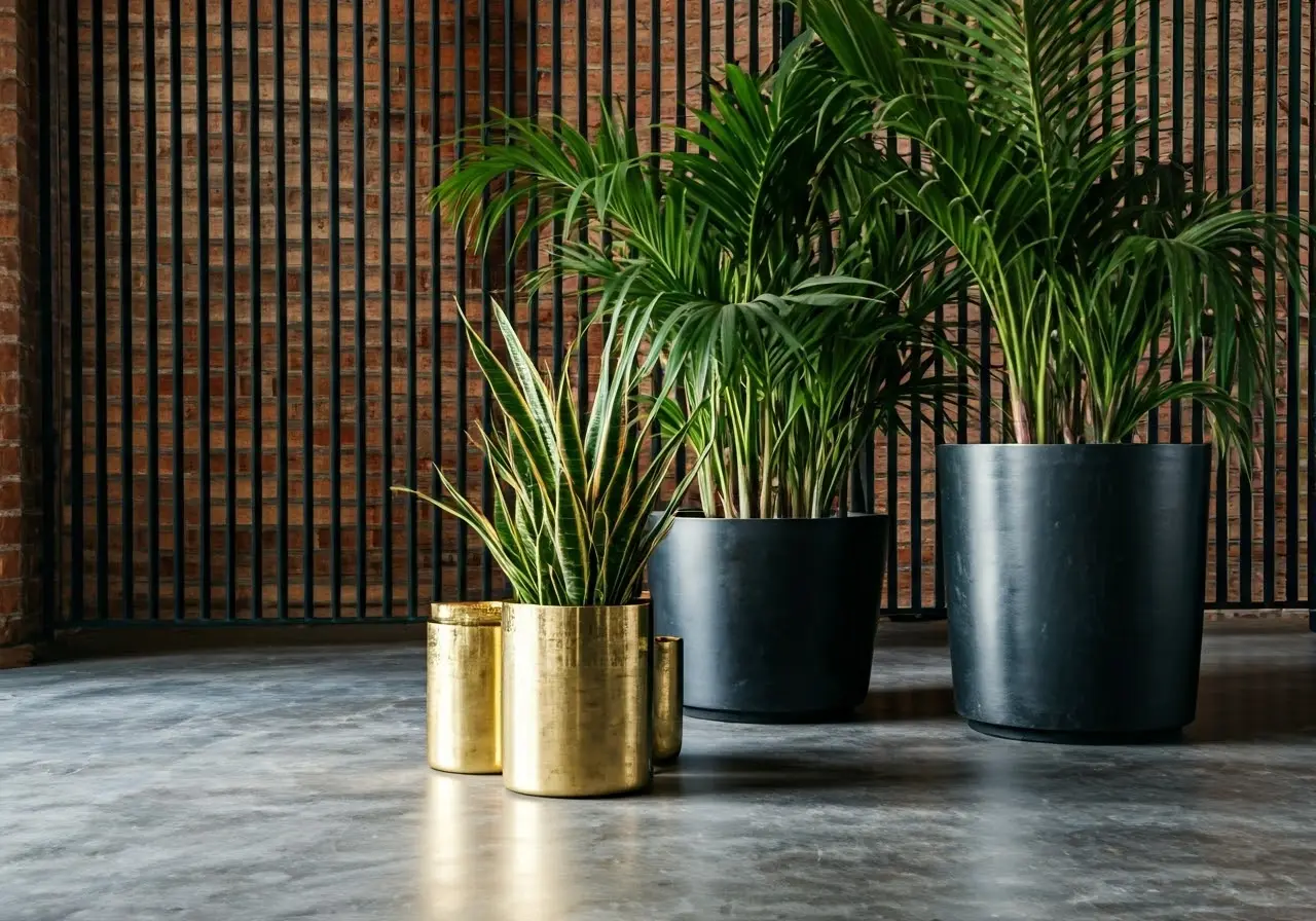 A stylish loft interior with elegant designer planters displayed. 35mm stock photo