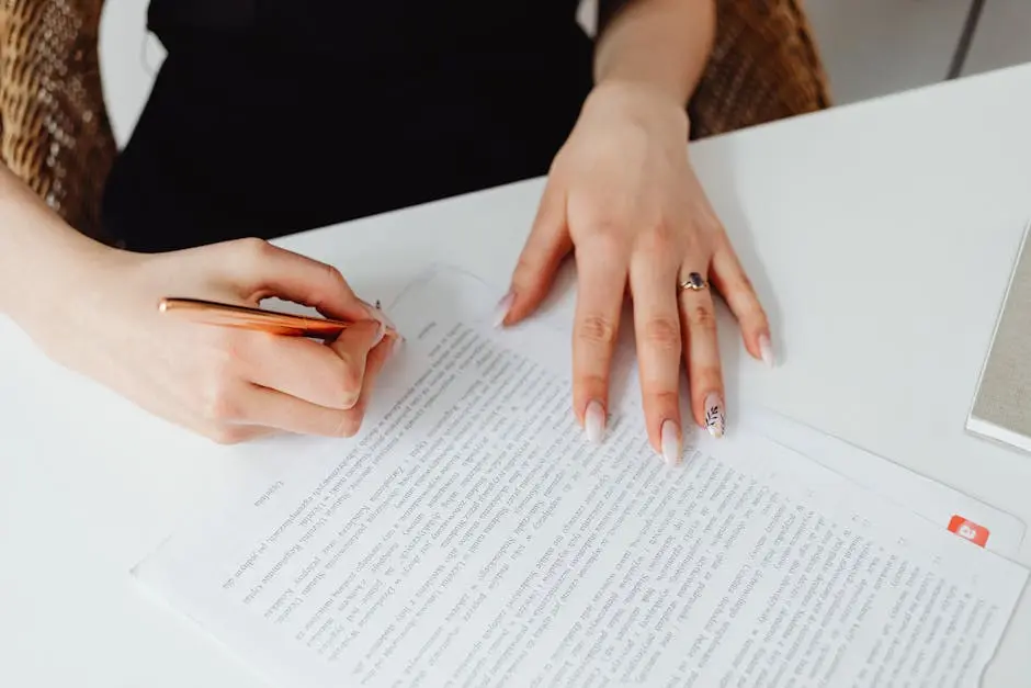 A woman signing a document with a pen on a desk, emphasizing hands and writing.