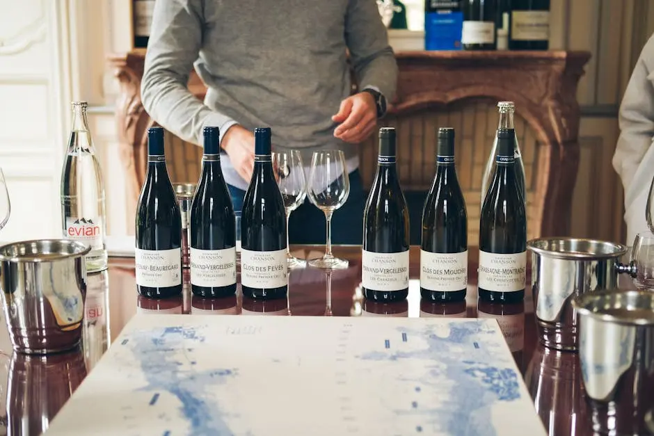 Wine tasting table setup with various bottles, glasses, and a sommelier in a refined indoor setting.