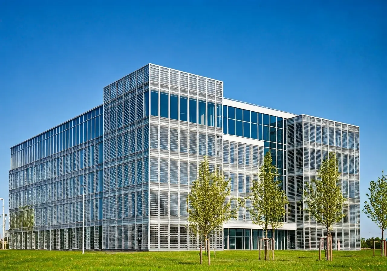 A modern office building exterior with clear blue sky. 35mm stock photo