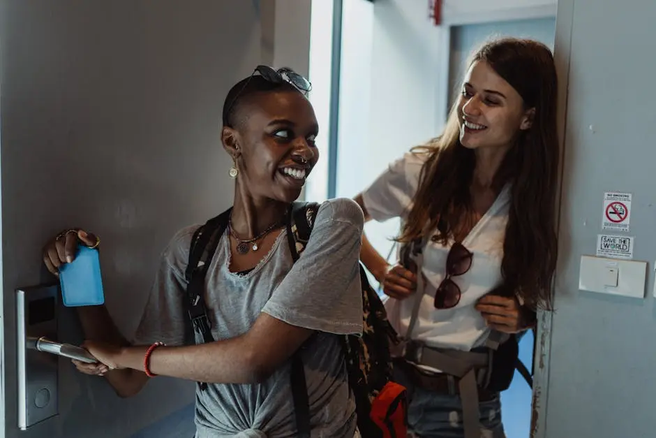 Two women smiling as they enter a room using a key card, representing a positive travel experience.