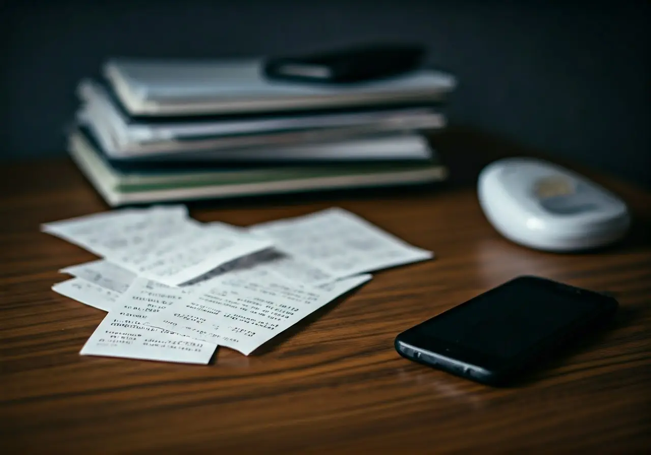 A cluttered desk with scattered receipts and a smartphone. 35mm stock photo