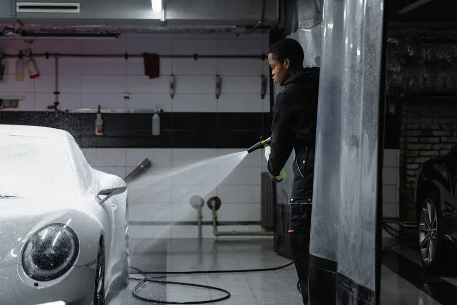 Man in Black Jacket Washing the White Car Using a Washer Pressure Hose