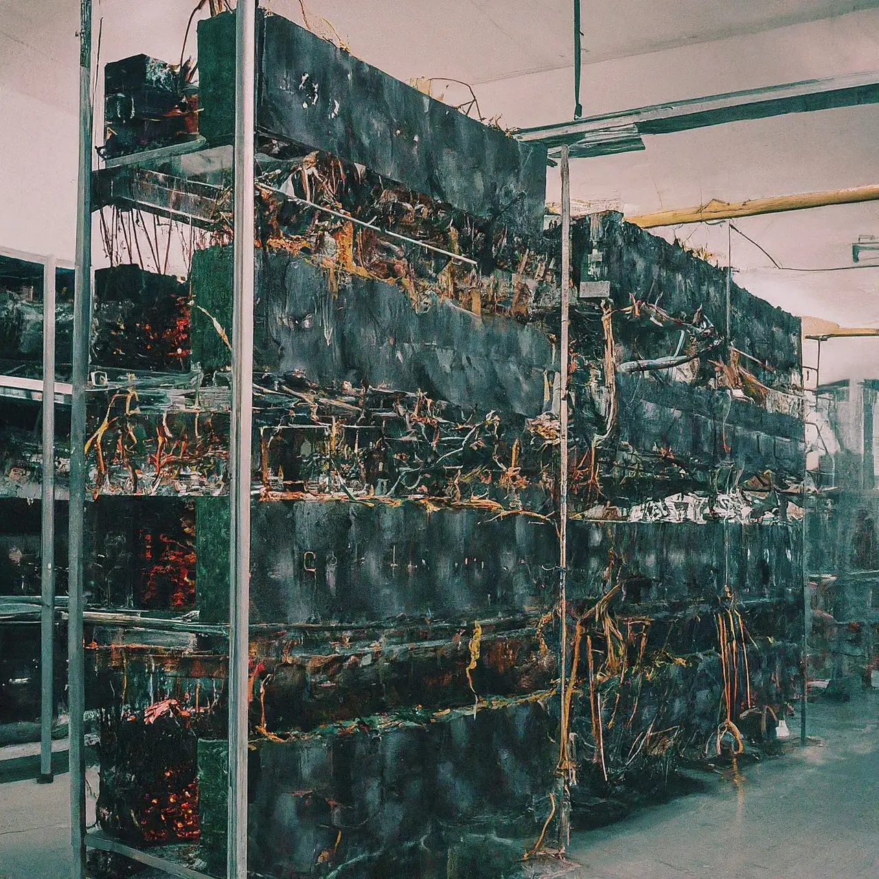 Rows of cryptocurrency mining rigs in a solar-powered facility. 35mm stock photo
