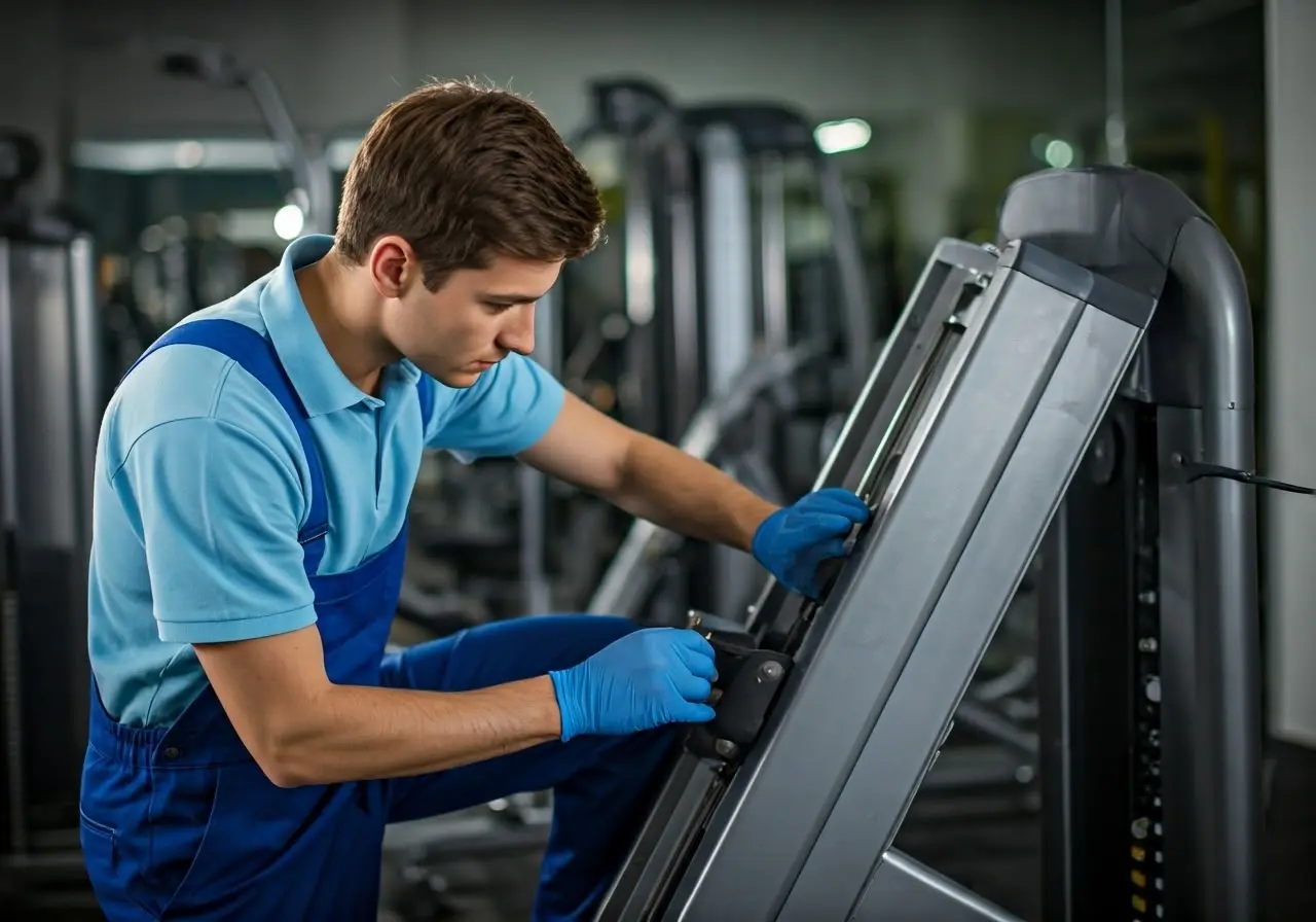 A technician inspecting and repairing gym equipment. 35mm stock photo