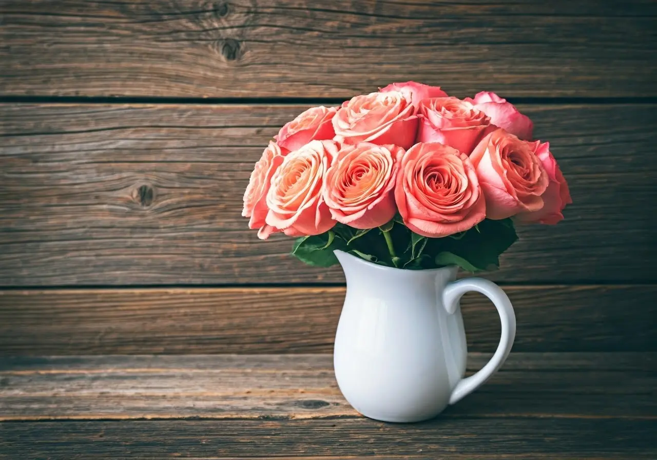 A vase of garden roses on a rustic wooden table. 35mm stock photo