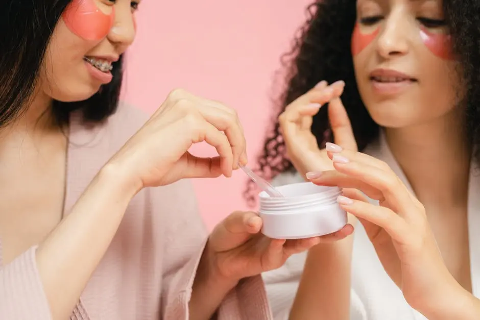 Two women picking up cosmetic on spatula and finger from round small box