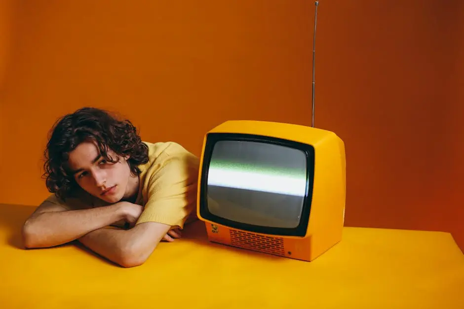 Guy In Yellow Shirt Sitting Beside A Yellow Classic TV