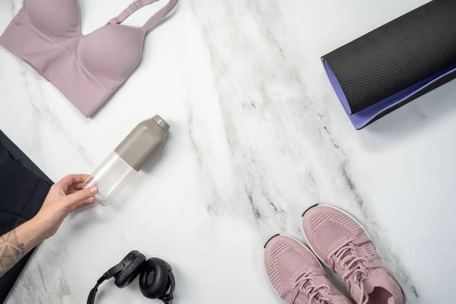 Stylish flat lay of pastel fitness gear including sneakers and yoga mat for wellness routines.