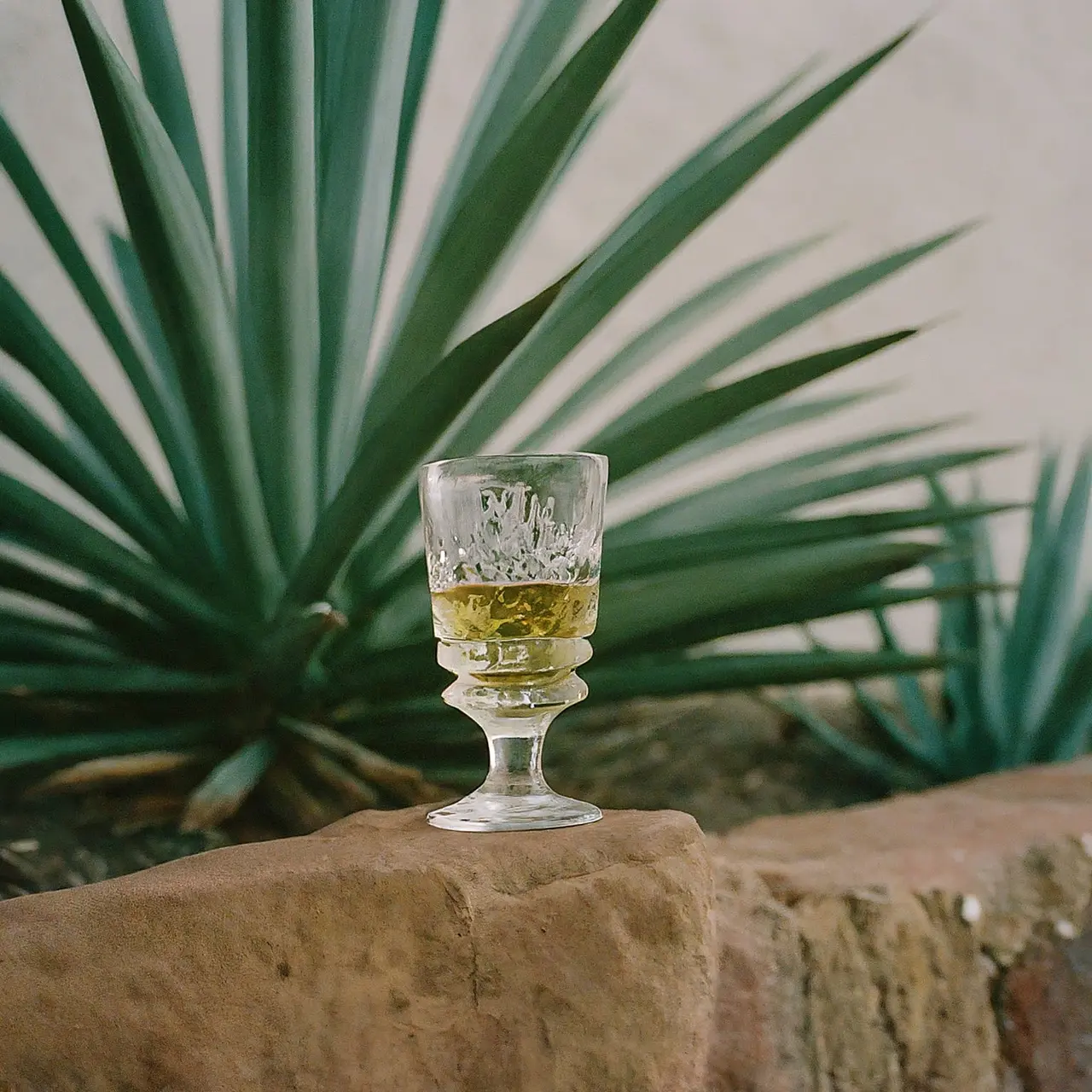 A crystal glass filled with añejo tequila, near agave plants 35mm stock photo