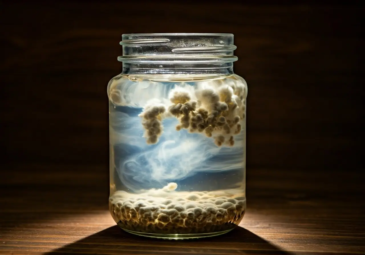 A jar filled with clear liquid and floating mycelium. 35mm stock photo