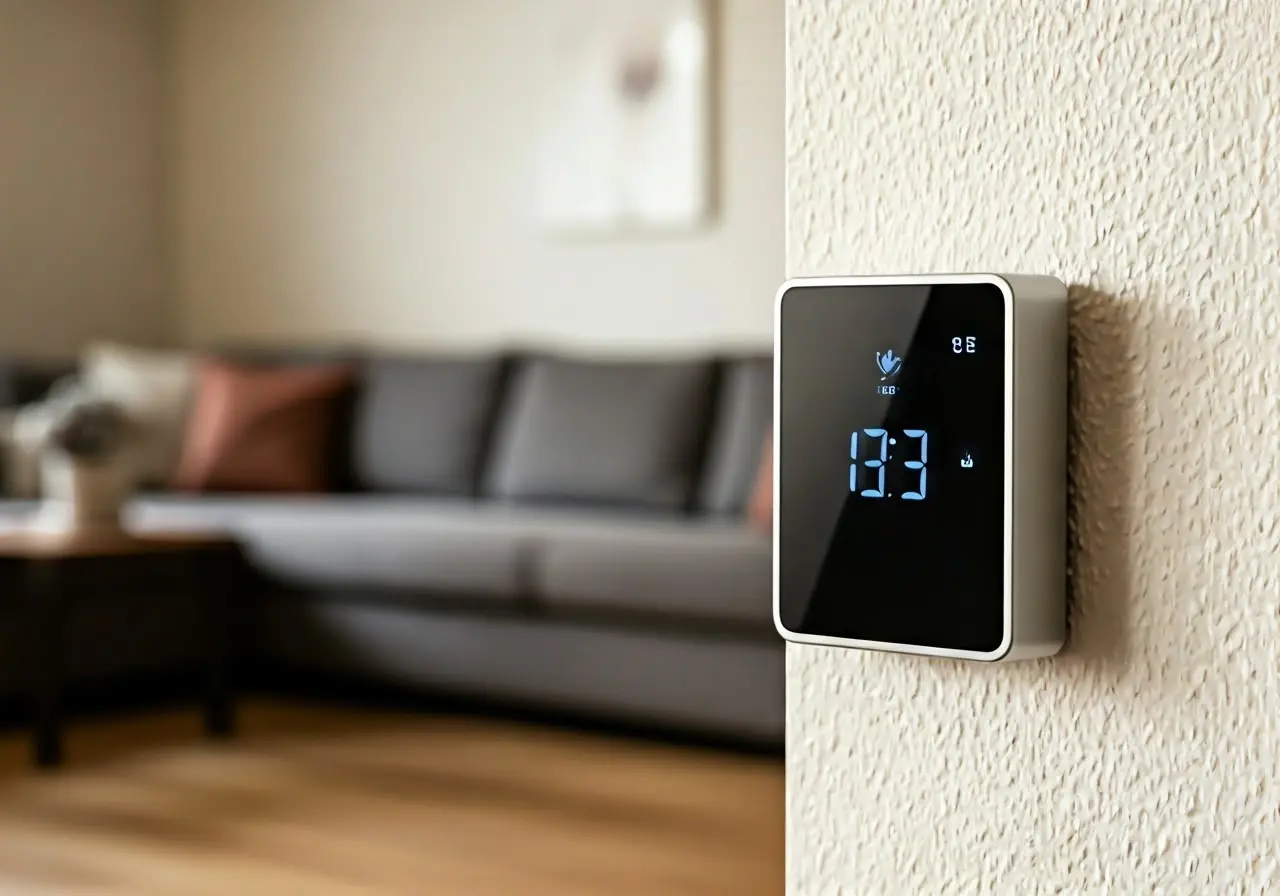 A digital thermostat mounted on a cozy living room wall. 35mm stock photo