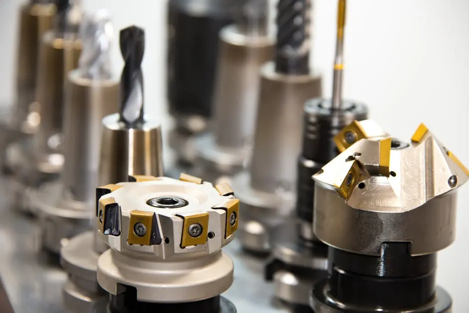 Detailed view of various metal drill bits and tools arranged in a workshop setting.