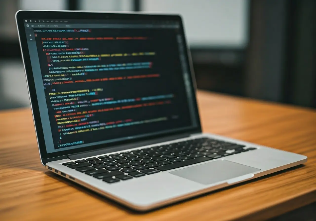 A laptop displaying app development code on a wooden desk. 35mm stock photo