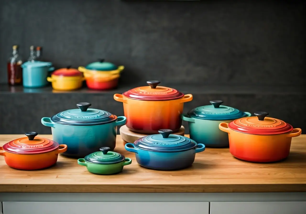 Various colorful Le Creuset cookware pieces arranged on a kitchen countertop. 35mm stock photo