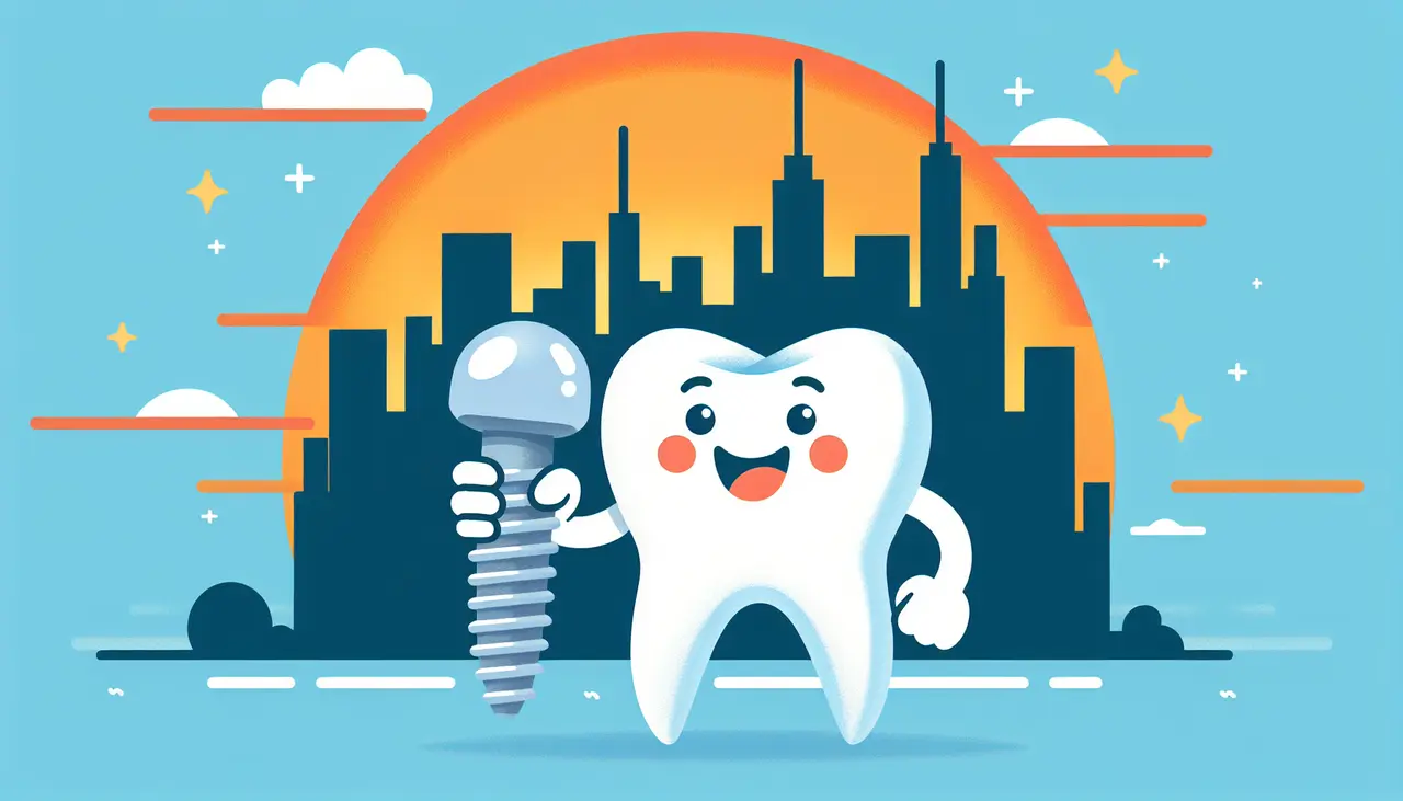 Draw a graphic in flat design style. A flat design illustration of a smiling tooth character holding a dental implant with the sun setting over a silhouette of Trinity’s skyline in the background.