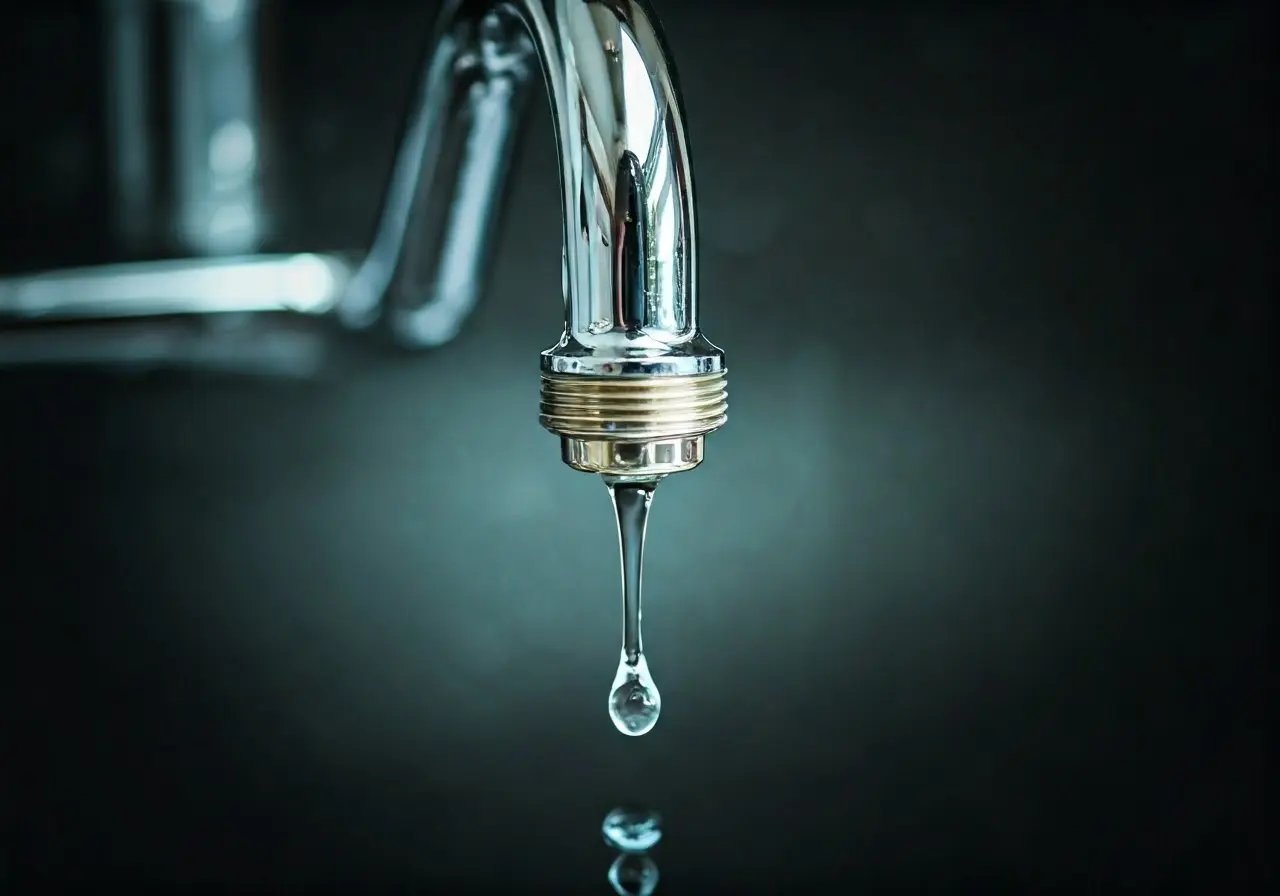 A dripping faucet over a water-saving aerator installation diagram. 35mm stock photo