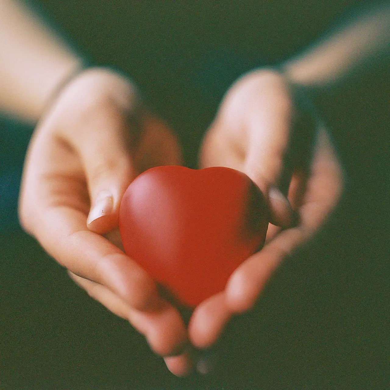 Two hands holding a miniature heart together. 35mm stock photo