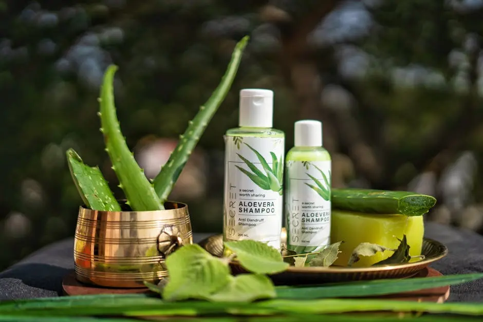 Aloe vera haircare products displayed with natural elements in an outdoor setting.