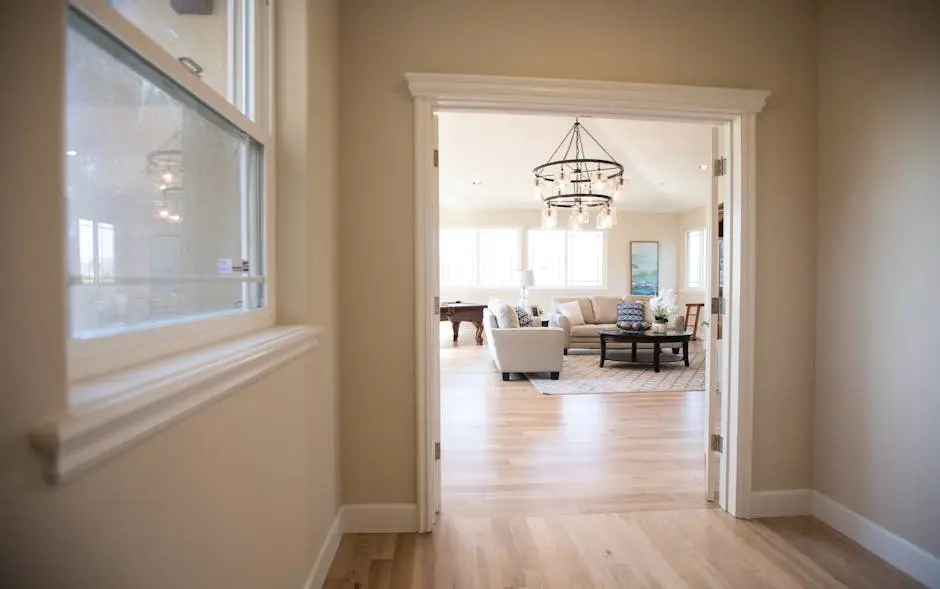 A hallway with a light and hardwood floors