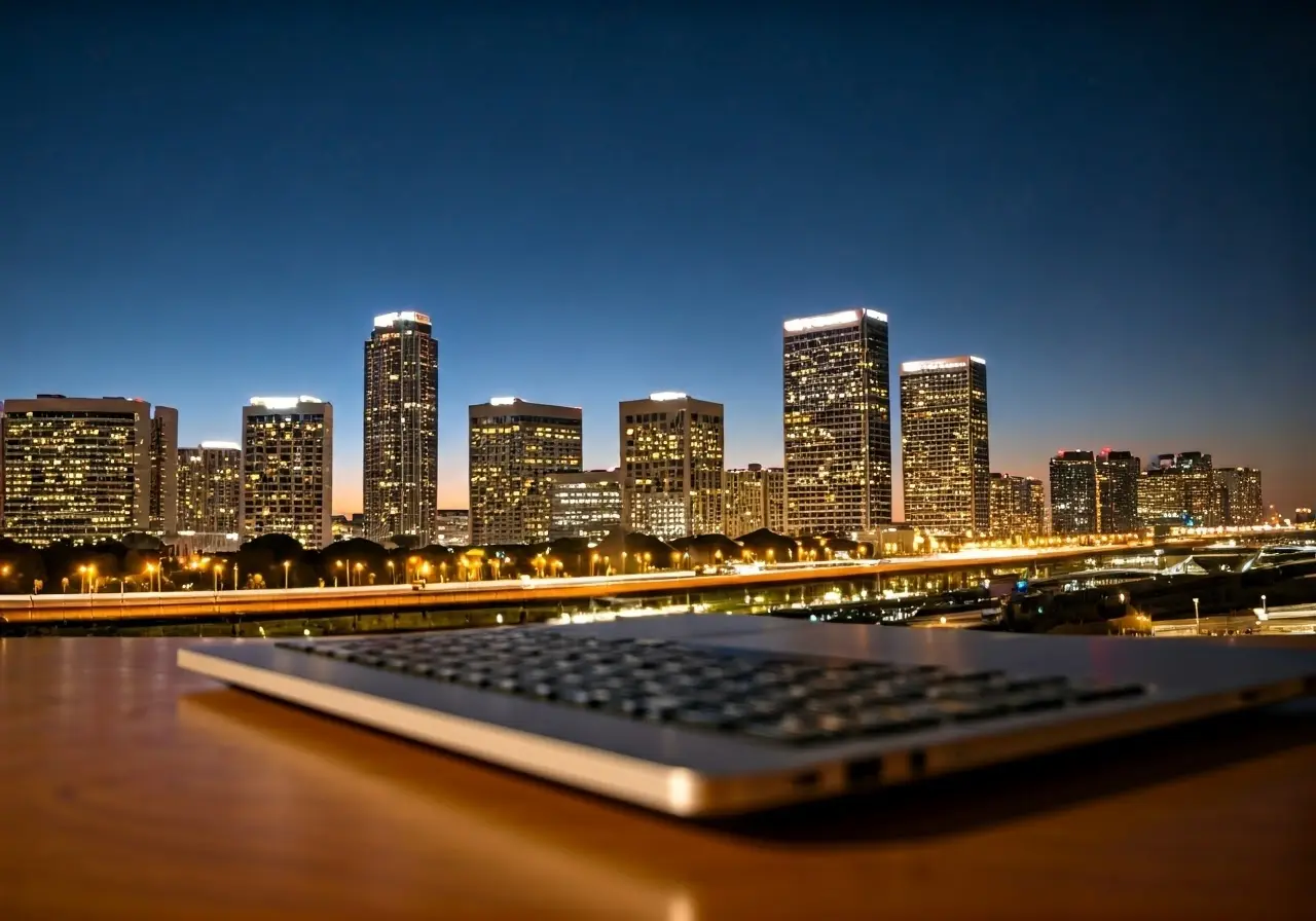 A sleek laptop with Orange County skyline in the background. 35mm stock photo