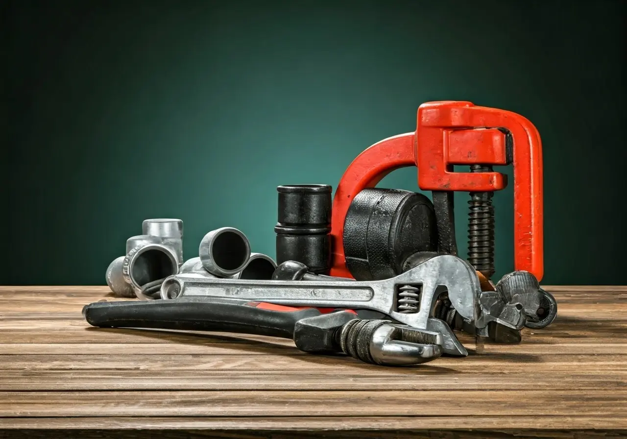 A plumber’s toolkit with pipes and a wrench on table. 35mm stock photo