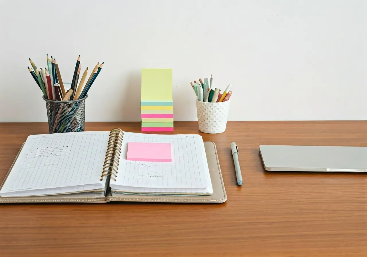 An organized desk with planners, sticky notes, and a laptop. 35mm stock photo