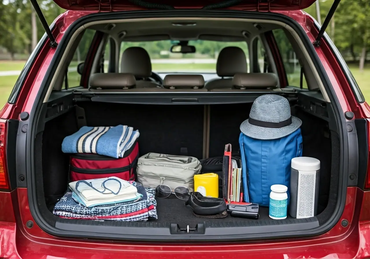 Car trunk filled with organized road trip essentials. 35mm stock photo