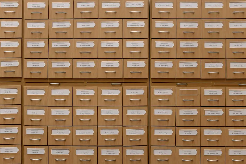 Close-up of labeled wooden storage drawers, perfect for organization concepts.