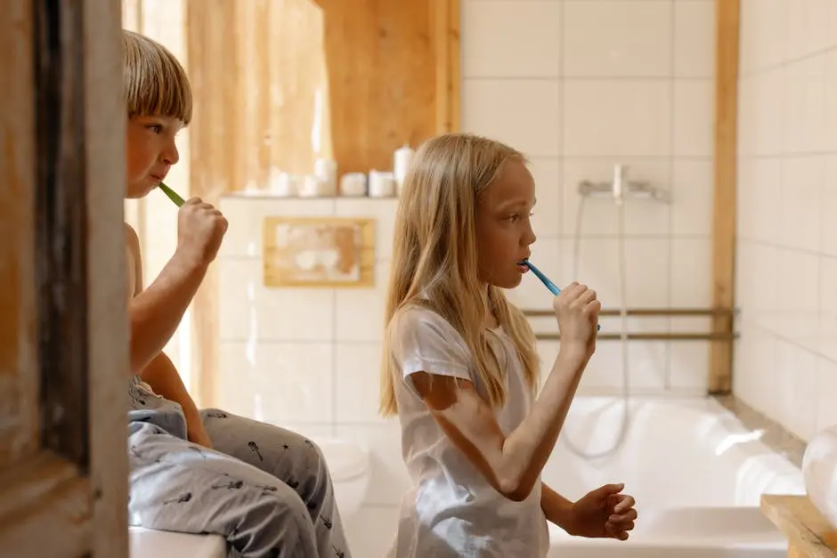 Two children brushing teeth together in a sunlit bathroom, emphasizing oral care.