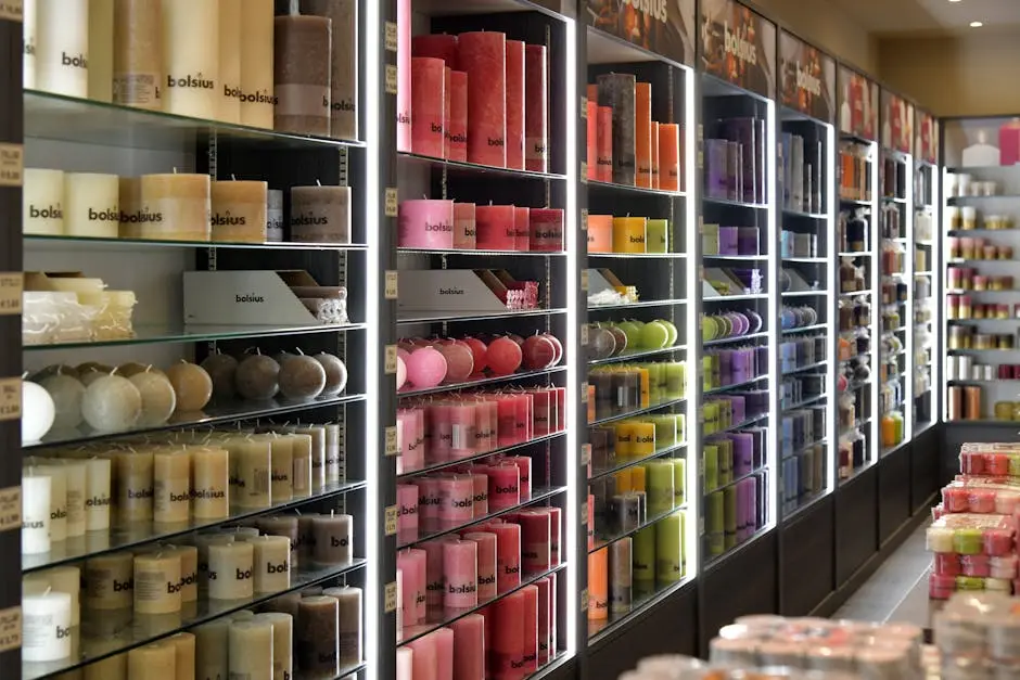 Vibrant assortment of scented candles on display in Rizza, Veneto, Italy.