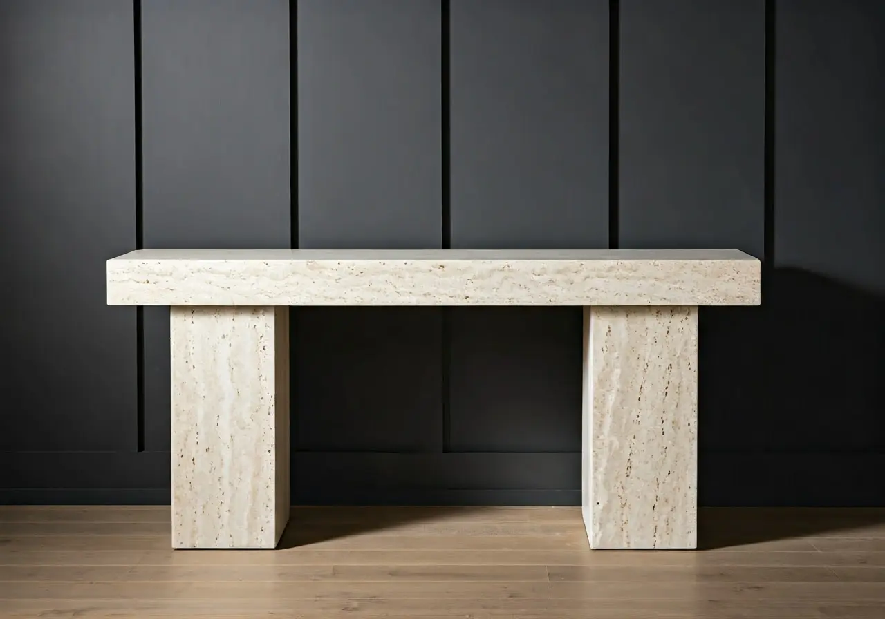 A sleek travertine console table in a minimalist living room. 35mm stock photo