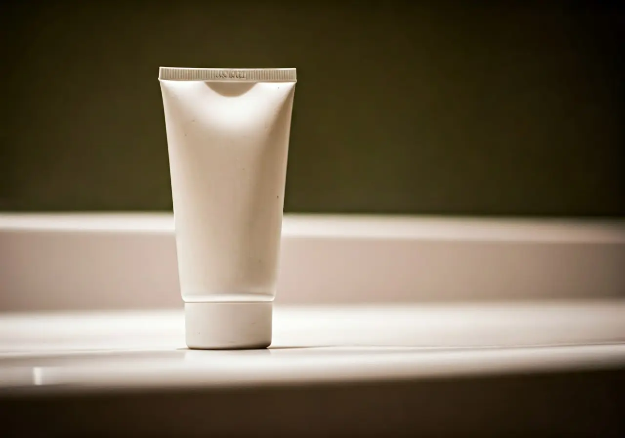 A close-up of anti-inflammatory cream tube on a bathroom counter. 35mm stock photo