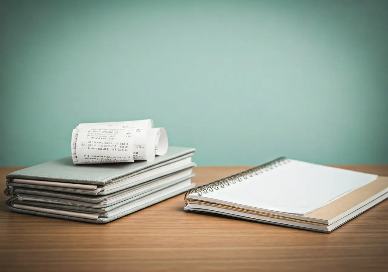 A tidy desk with organized receipts and a minimalist planner. 35mm stock photo