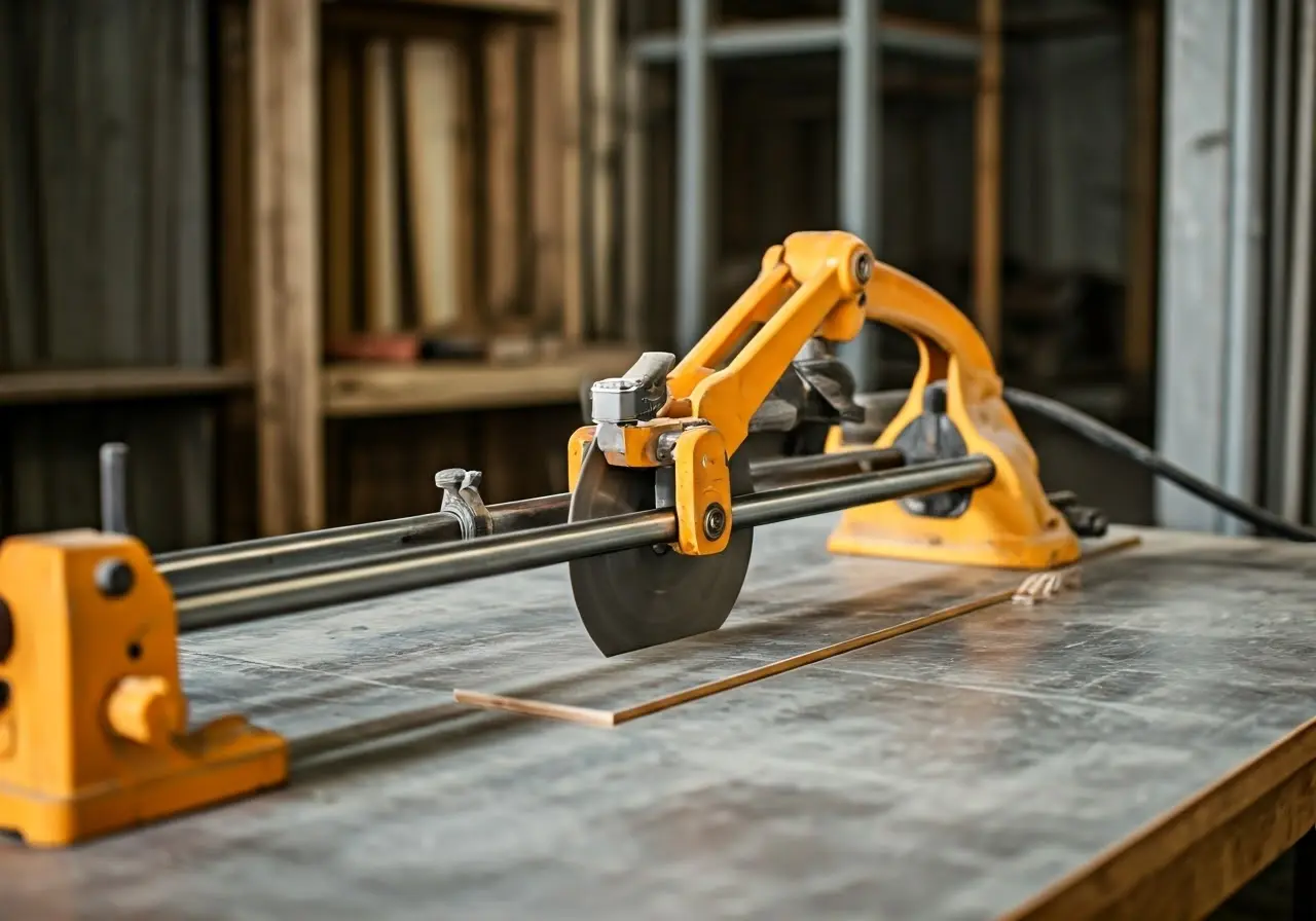 A modern tile cutter slicing ceramic tiles effortlessly. 35mm stock photo