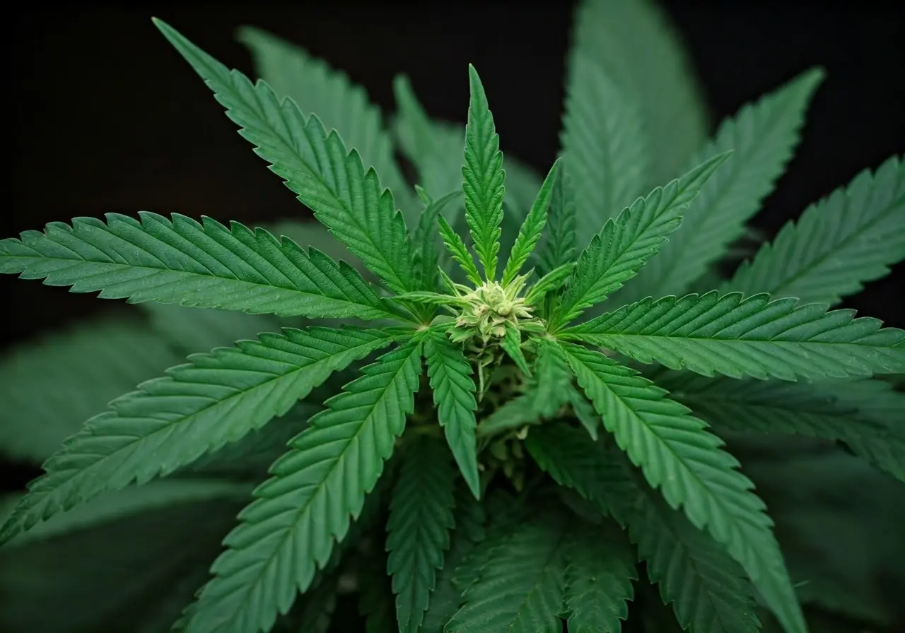 Close-up of cannabis leaves with a medical cross symbol. 35mm stock photo