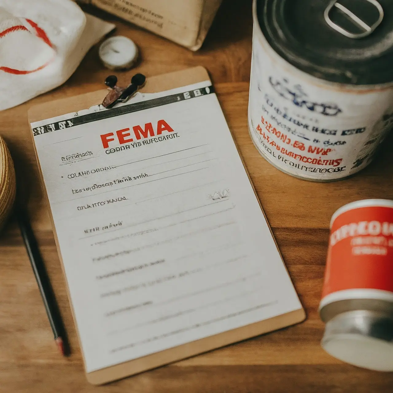 A checklist with FEMA logo and emergency supplies. 35mm stock photo