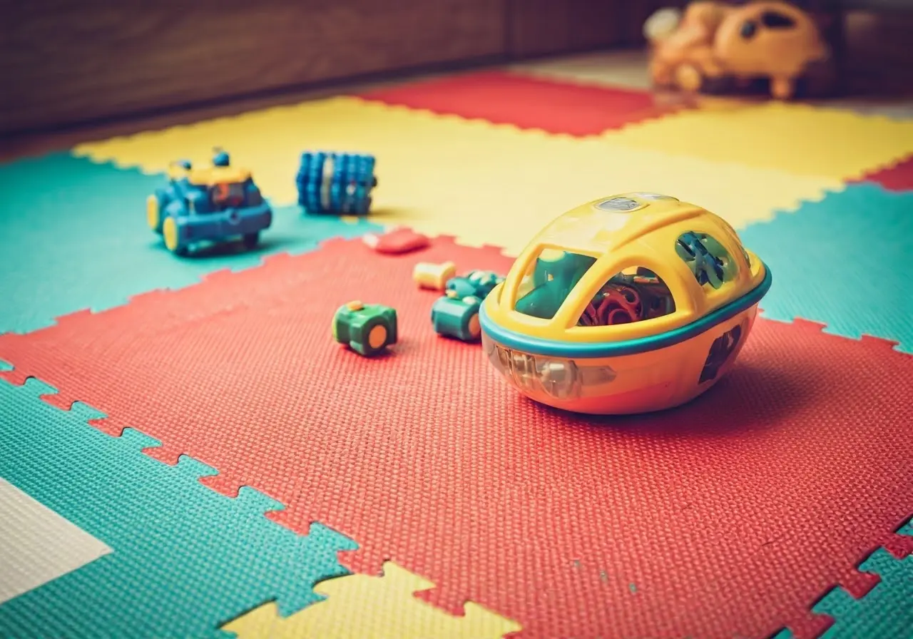 Bright toys scattered creatively on a colorful play mat. 35mm stock photo